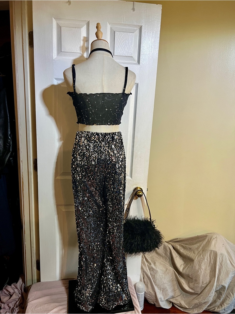 Women’s Rave Festival Glam Edit Bundle Sheer Star Top Sequin Boho Flare Pants L - Picture 6 of 15